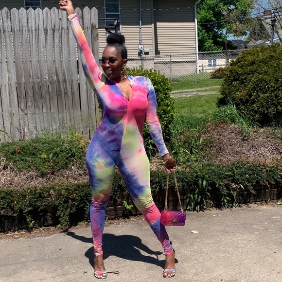 Long Sleeve Multi Neon Color Tie Dye Mesh Jumpsuit - Picture 4 of 8